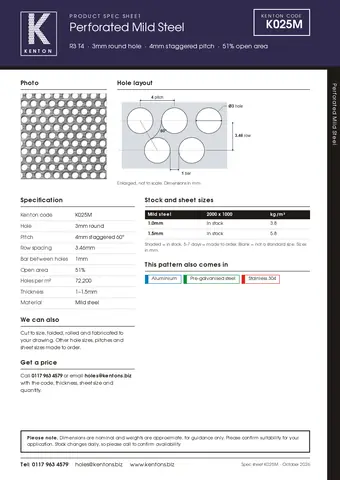 Kenton spec sheet for K025M