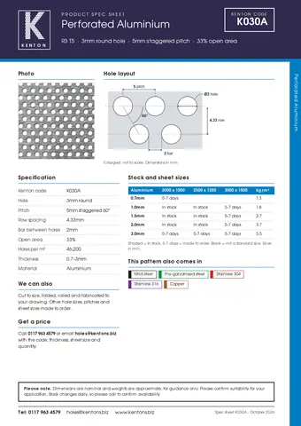 Kenton spec sheet for K030A