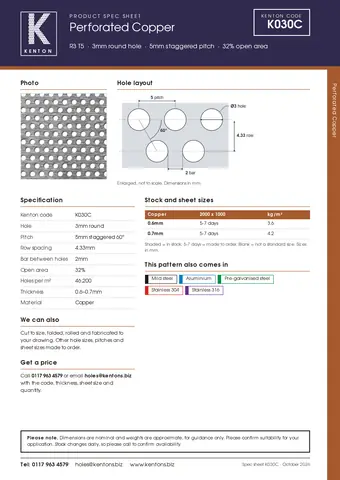 Kenton spec sheet for K030C