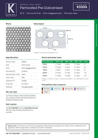 Kenton spec sheet for K030G