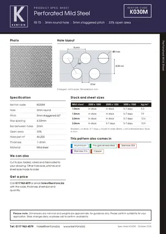 Kenton spec sheet for K030M
