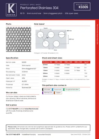 Kenton spec sheet for K030S