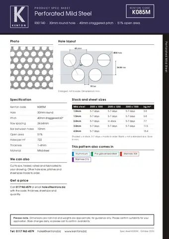 Kenton spec sheet for K085M