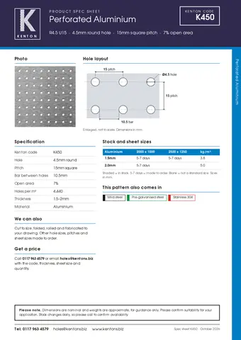 Kenton spec sheet for K450