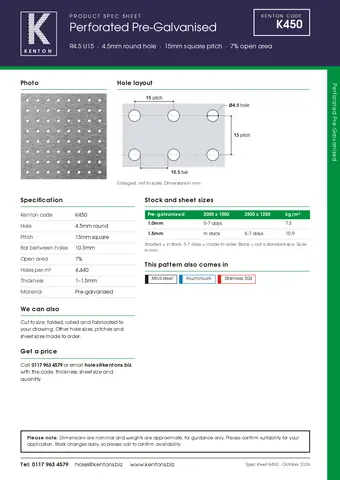 Kenton spec sheet for K450