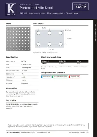 Kenton spec sheet for K450M