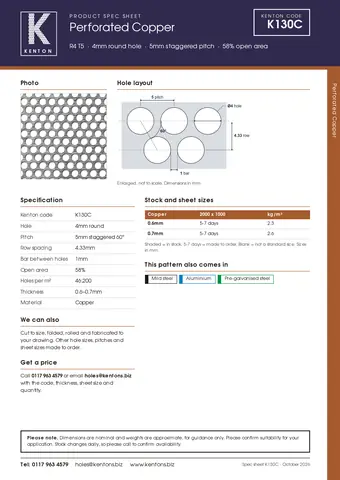Kenton spec sheet for K130C