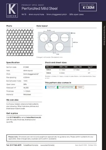 Kenton spec sheet for K130M