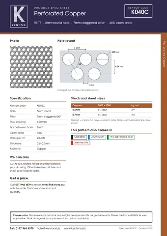 Kenton spec sheet for K040C