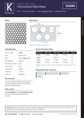 Kenton spec sheet for K040M