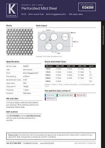 Kenton spec sheet for K045M