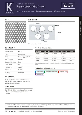 Kenton spec sheet for K050M