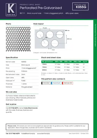 Kenton spec sheet for K055G
