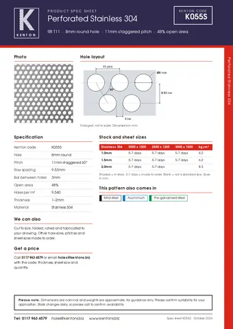 Kenton spec sheet for K055S
