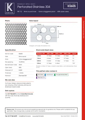 Kenton spec sheet for K060S