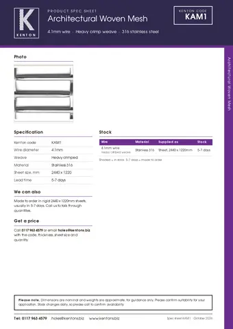 Kenton spec sheet for KAM1
