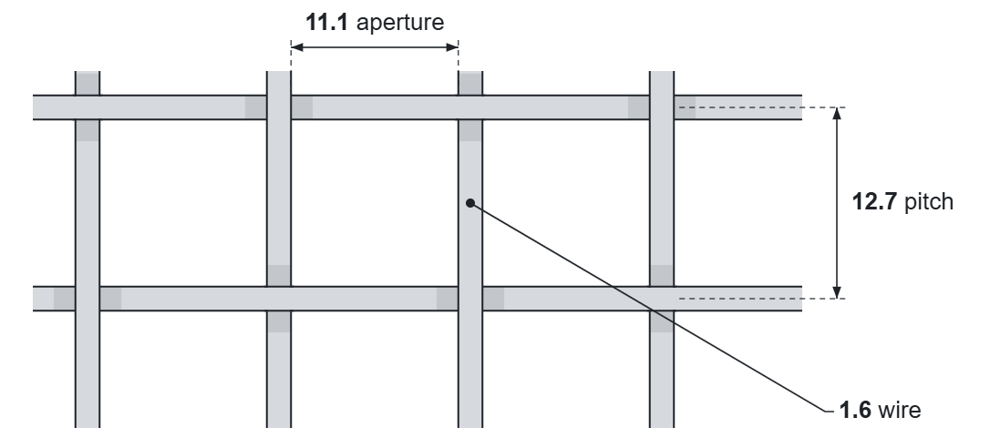 2 mesh woven wire weave: 11.1mm aperture, 1.6mm wire, 12.7mm pitch
